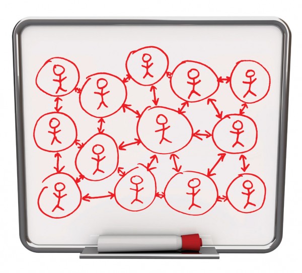 many people connected by bubbles and lines on a white board