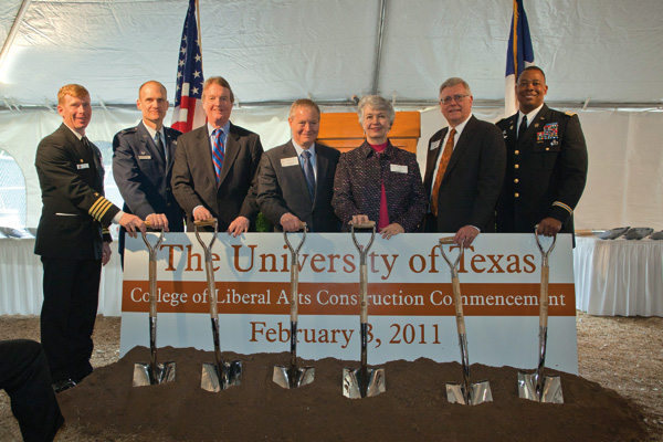 Capt. Daniel Dixon, Naval ROTC; CDR Christopher Bowman, Air Force ROTC; President William Powers; James & Miriam Mulva; Dean Randy L. Diehl; and LTC Boris Robinson, Army ROTC