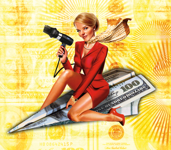 flight attendant woman flying on top of a paper airplane