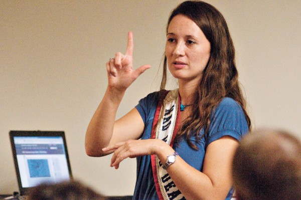 Mazique sheds light on the history of Deaf communication and the communication barriers at the university during an event hosted by Services for Students with Disabilities. Phot oby Kiersten Holms, Courtesy of The Daily Texan.