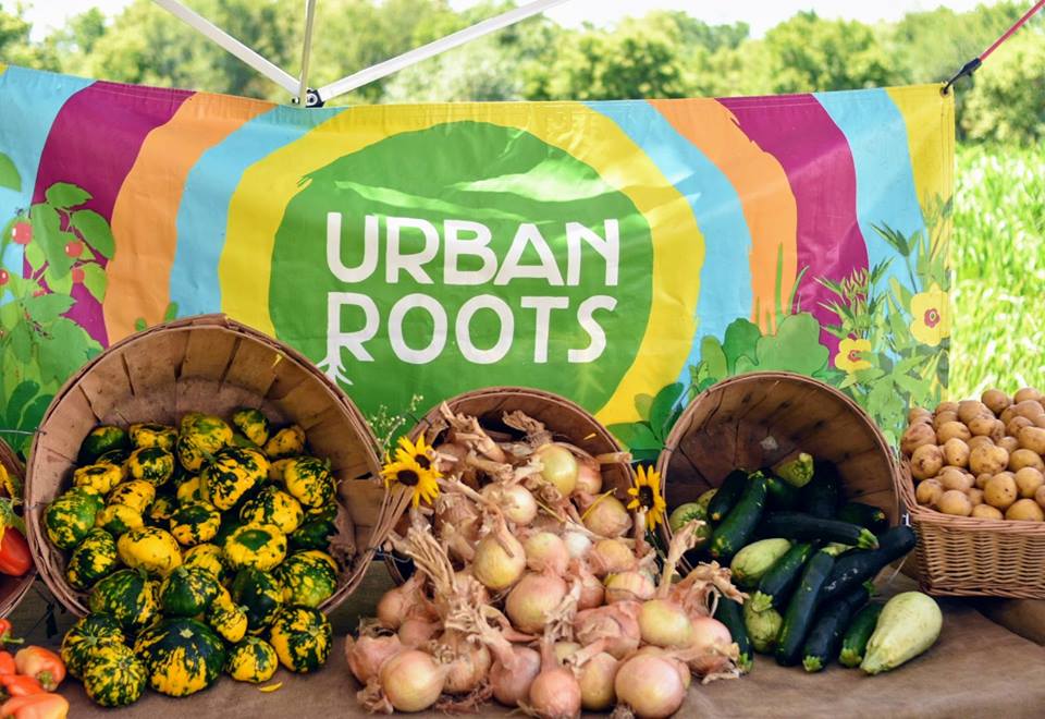 Urban Roots banner with baskets of vegetables.