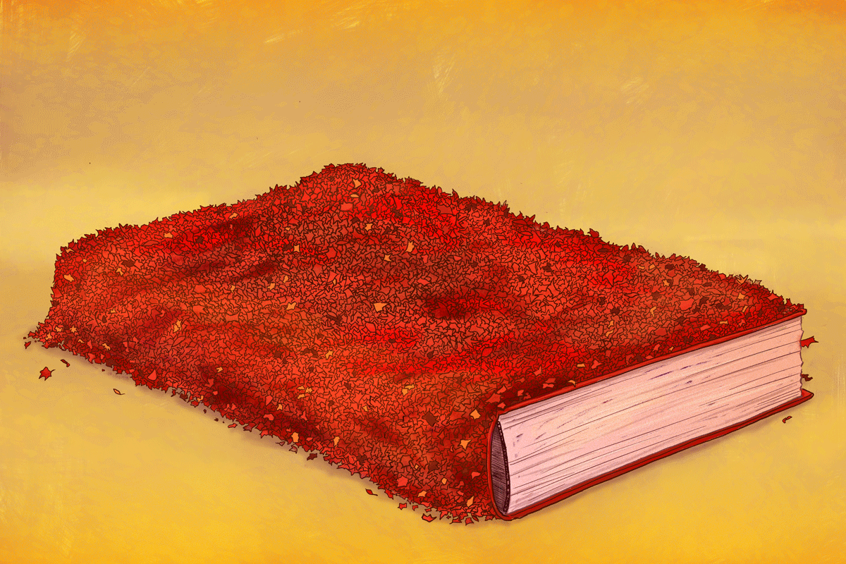 illustration of a woman jumping and fall back into a book made with red leaves.