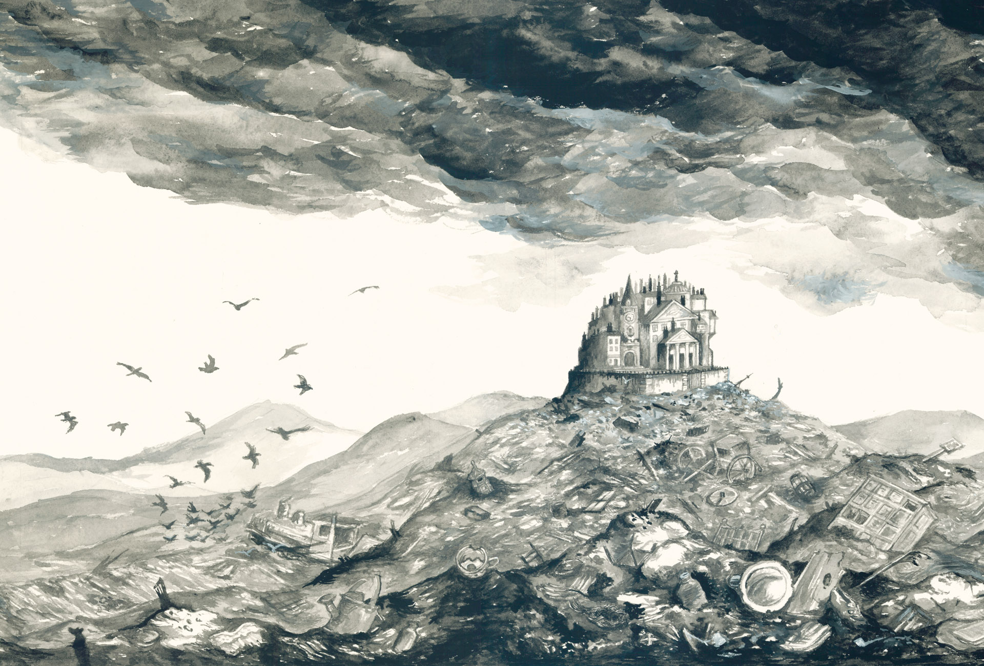 Illustration of the Heap House, home of the Iremonger family, surrounded by the great rubbish heaps of London from The Iremonger Trilogy.