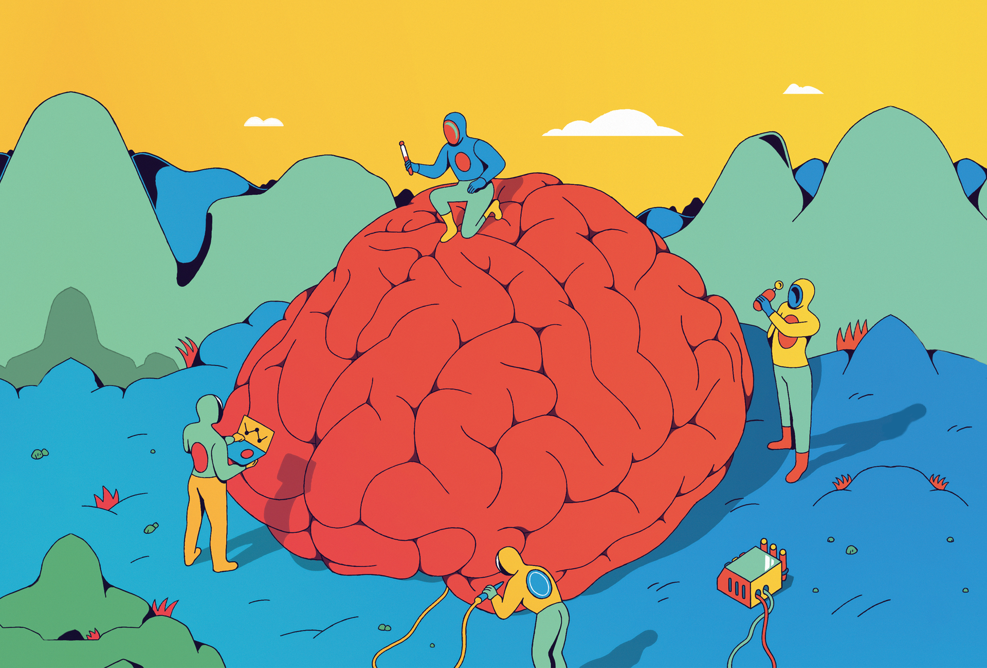 Illustration of spacemen examining a large brain with futuristic instruments on some alien world.