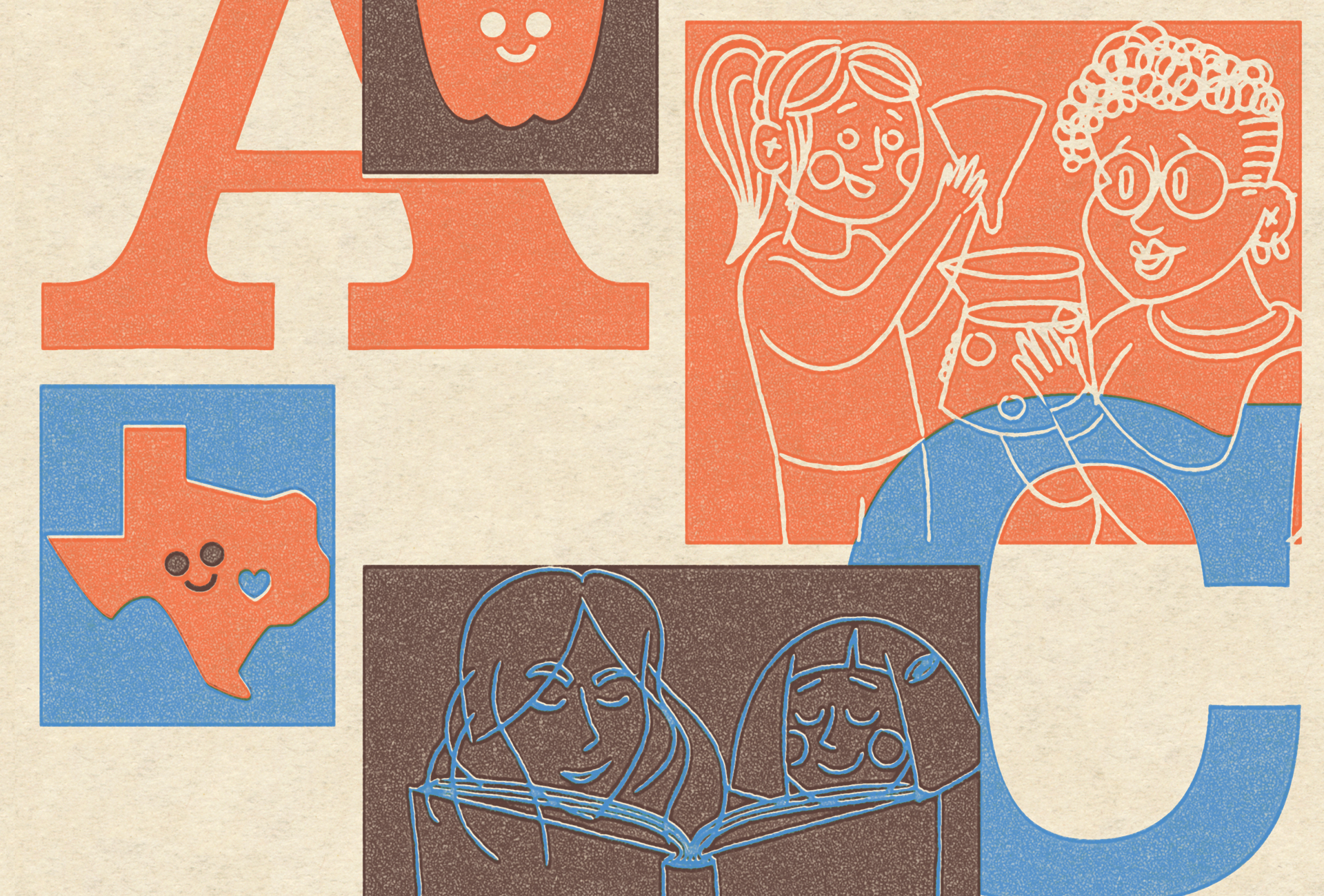 Illustration of parents and children learning, playing and communicating by sign language with each other. They are next to illustrations of ABCs, a happy sun and a happy state of Texas.