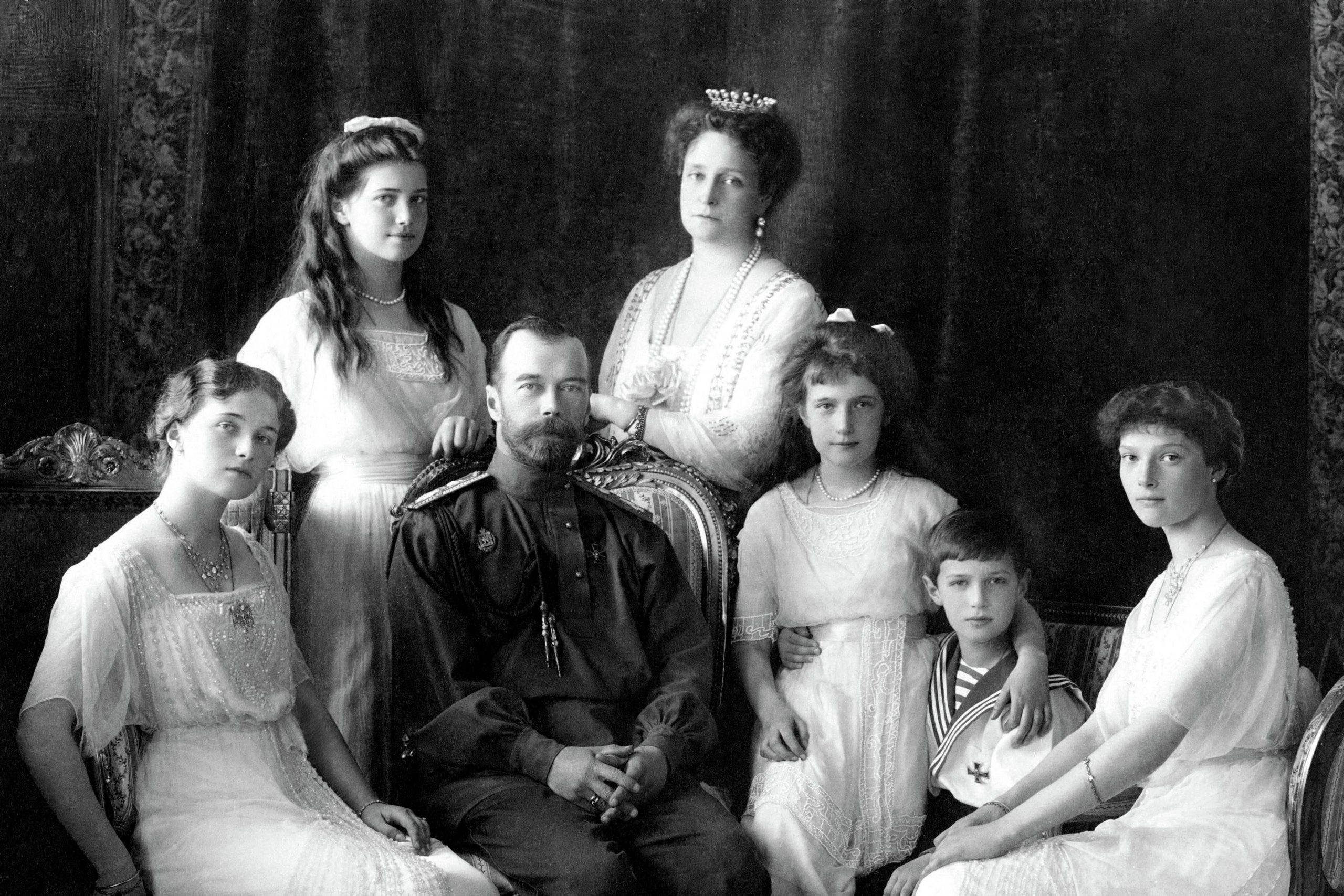 Nicholas II of Russia with the family (left to right): Olga, Maria, Nicholas II, Alexandra Fyodorovna, Anastasia, Alexei, and Tatiana. Livadiya, 1913. Portrait by the Levitsky Studio, Livadiya.