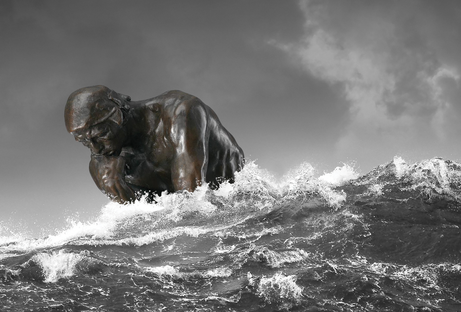 The Thinker statue is slowly engulfed by crashing waves, alluding to the reality of climate change.
