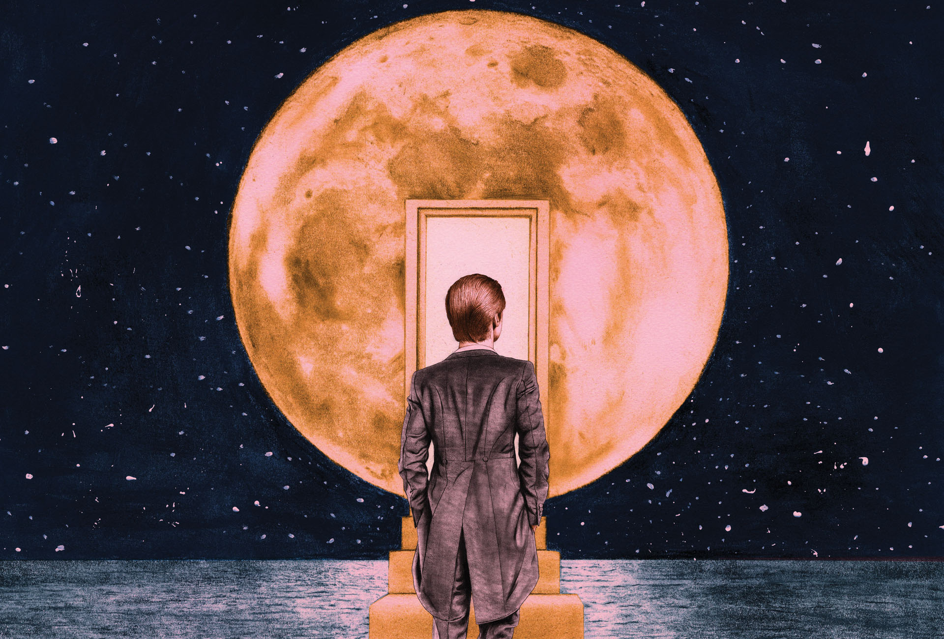 Surreal illustration of a lone man in a suit, walking up stairs over a night-lit ocean to a door inside of the moon.
