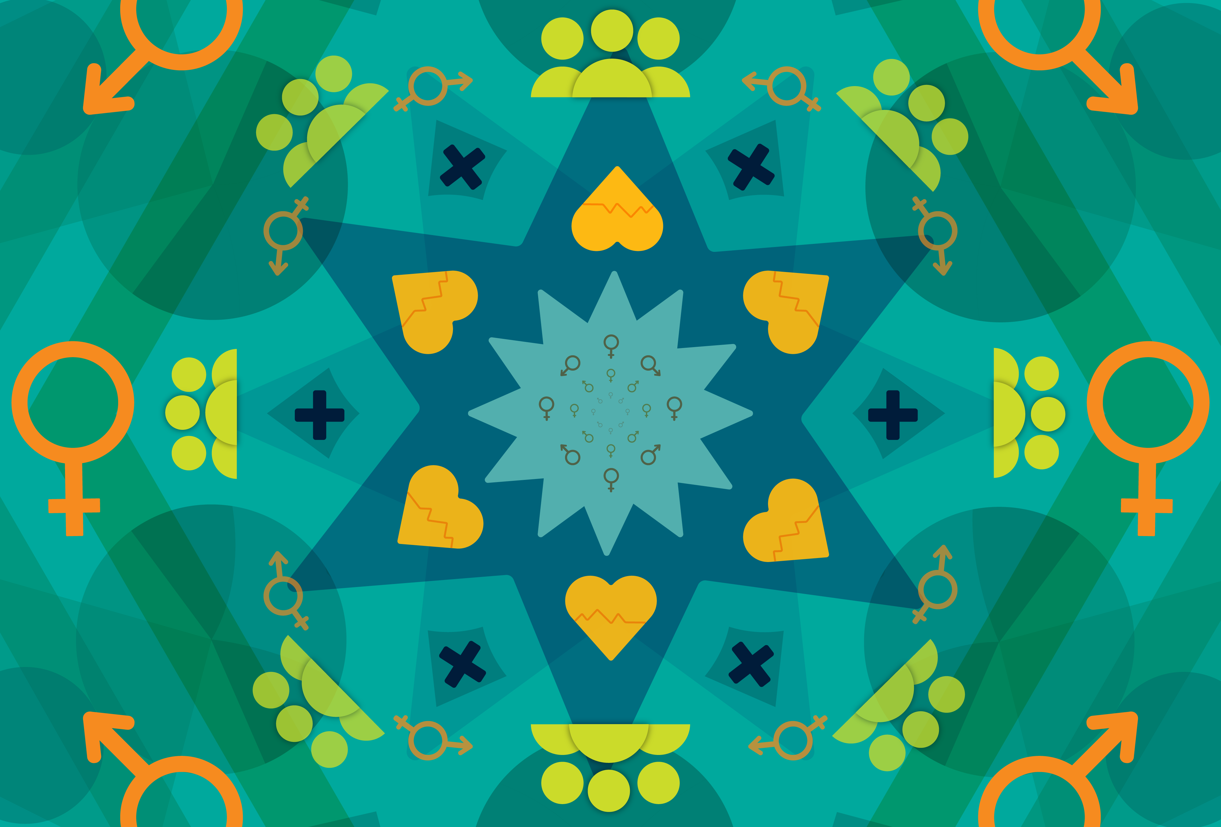 Kaleidoscope pattern with symbols representing gender, health and relationships.