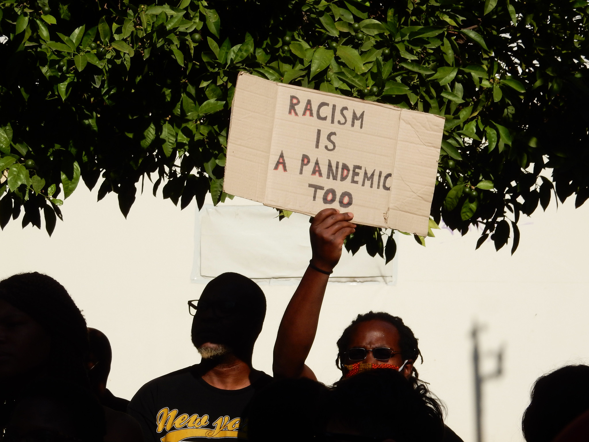 protestor holding sign "racism is a pandemic too"
